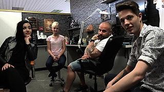 Foursome Group Sex in Public BarberShop