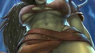 Big-boobed femdom orc Vaniikos rides a huge cock and gets creampied in her hairy pussy