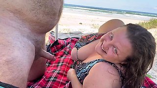 Fat wife blows on the beach