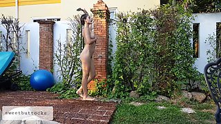 Pretty Woman Takes Outdoor Shower and Masturbates by the Pool