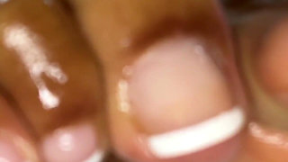 MILF Rubs Oil All Over Her French Pedicure Feet