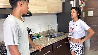 Stepbrother relieves his boner on the vagina of Julia in the kitchen