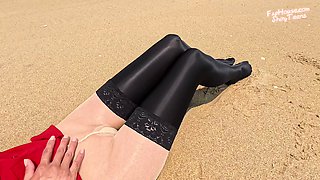 863 Shiny Black Stockings on the Beach