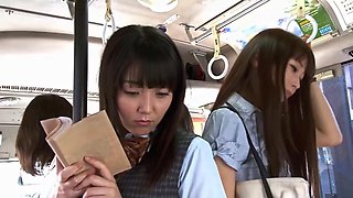 Mature japanese lesbian Emika Sakuragi seducing student Sayo Arimoto on bus scene 1