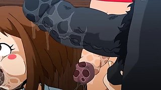 Anime teens deepthroat huge cocks and get covered in cum