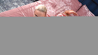 Busty Tattooed Blonde in Glasses Massages Her Big Boobs and Masturbates on the Bed