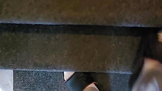 Step mom in short pants in kitchen step pulled out his dick under table