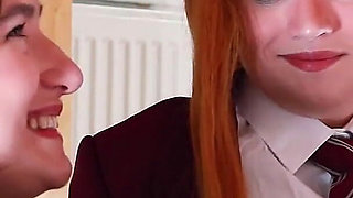 Ellie & Victoria Milk a Guys Cock and Get Their Uniforms Covered in Cum