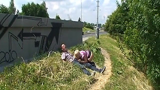 Outdoor fuck for a blonde in black stockings