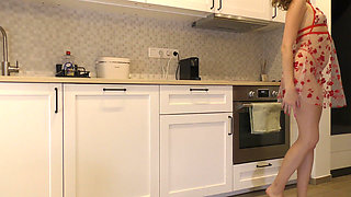 Sexy and Hot Long Legs Beauty in the Kitchen Takes off Her Underwear in a Transparent Lingerie with Seethrough Panties