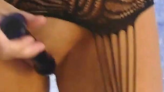 Orgasm in Glass Dildo Fucking Wearing Bodystocking in Bathroom