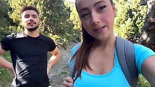 Sensual babe with perfect big tits sucks cock outdoors