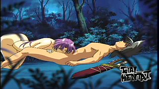 Purple haired goddess with blue eyes gives a nice blowjob in the woods