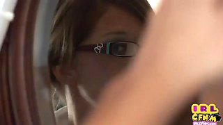 Lingerie CFNM glasses babe wanking a guy