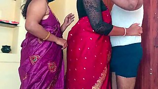 Indian sisters Pushpa Valli and Laxi Ammu enjoy threesome romance with neighbor bachelor in bed