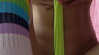 Skinny Natural Boobs Japanese Girl in High Cut Thong Leotard Sitting on Chair During Fitness Break, Watch From Under the Desk