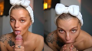 Innocent and sensual slobbery blowjob from stepsister