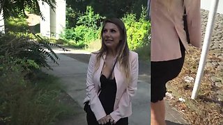Horny white girl fucks with her black boyfriend outdoors for cash