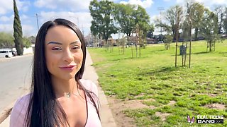 Busty Brunette Babe Cara Mella Rubs a Big Cock With Her Tender Feet, Before Taking It In Her Cunt