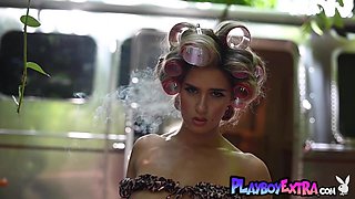 Nude blond teenager welcomes in her trailer