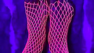 Pink neon fishnet on sexy small Asian feet with long toes
