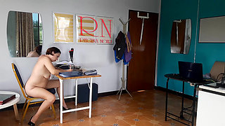 Nudist secretary. Nude employee in the office. Nude secretary is not shy about her boss. Nude office.  2 194