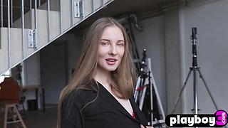 Coquettish blond hair girl teenager posing in lingerie