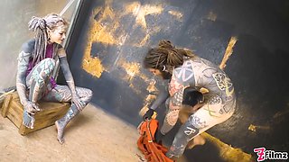 Alt dominatrix pegging tattooed worker