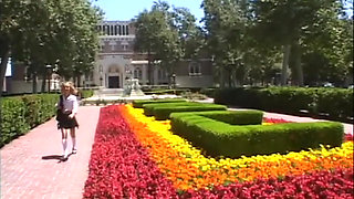 Pigtailed skinny blonde outdoor double penetration