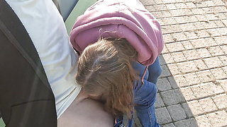 stepdaughter sucks stepfather off in public on a bench