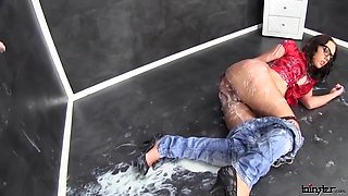 Tons Of Cum On Sexy Brunette With Glases