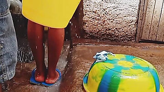 Outdoor bathing my pregnant girlfriend in dirty environment.