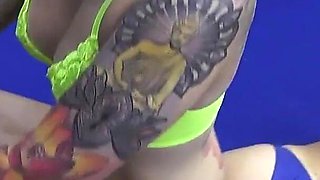Two Wild Sluts with Tattooes Tickling and Wresteling