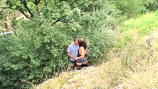 Young and sexy brunette in black stockings gets fucked in common places