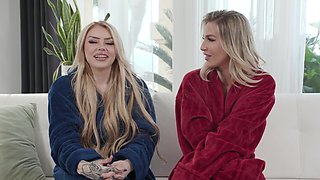 The backstage of the porn set with two hot blondes