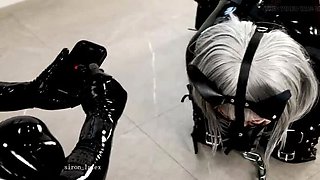 Japanese Latex Pet Play: Siron Latex Dominates Rubber Puppy with Thick Leash in Hardcore BDSM Walk