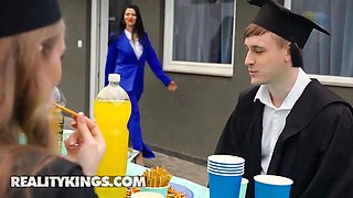 Little Angel sneaks off to suck and ride her boyfriend's big cock at the graduation party