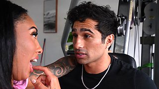 Sporty ebony couple get fucked in the gym shorts after a workout