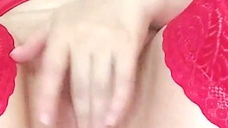 MILF in Red Plays with Pussy Fingers in Panties
