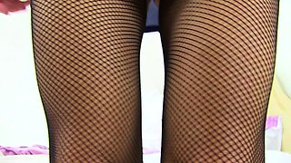 Hairy milf French Chloe wears crotchless fishnet pantyhose