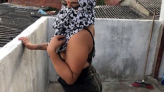 Outdoor tattoo sex on the balcony with an ebony beauty