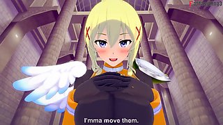 Lalatina from Kono Subarashii gives a wild blowjob and gets her tits banged in this POV scene