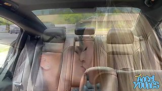 Busty blondes have some fun in the back of the car