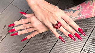 Long Red Nails and Long Fingers in Swimming Pool