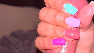 Multicoloured Nails Handjob with Cumshot Edging and Milking