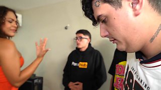 Nerd guys fuck their LATINA boss with a GIANT butt and fill her pussy and face with cum