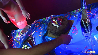 Lucky guy fucks two brunette bombshells and cums on their faces in a pub