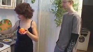 Horny Russian Wife Fucks Young Dude In Kitchen