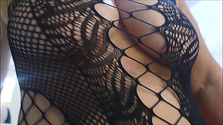 Orgasm in Glass Dildo Fucking Wearing Bodystocking in Bathroom