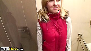 Petite pale slut Dana gets nailed in toilet
